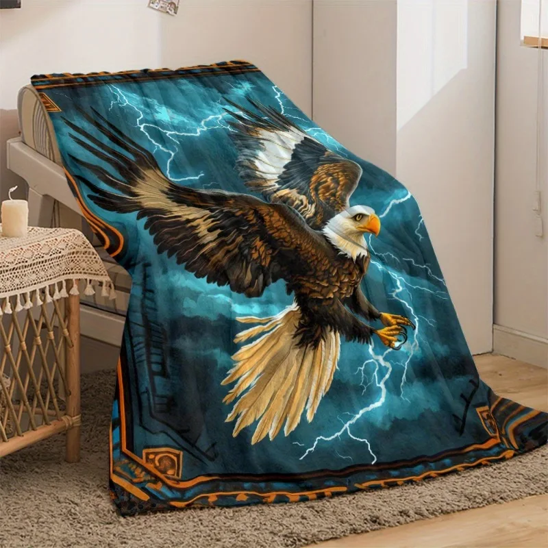 Universal Machine-Washable Polyester Fleece Retro Blue Lightning Eagle Print Flannel Throw Blanket - Warm Soft