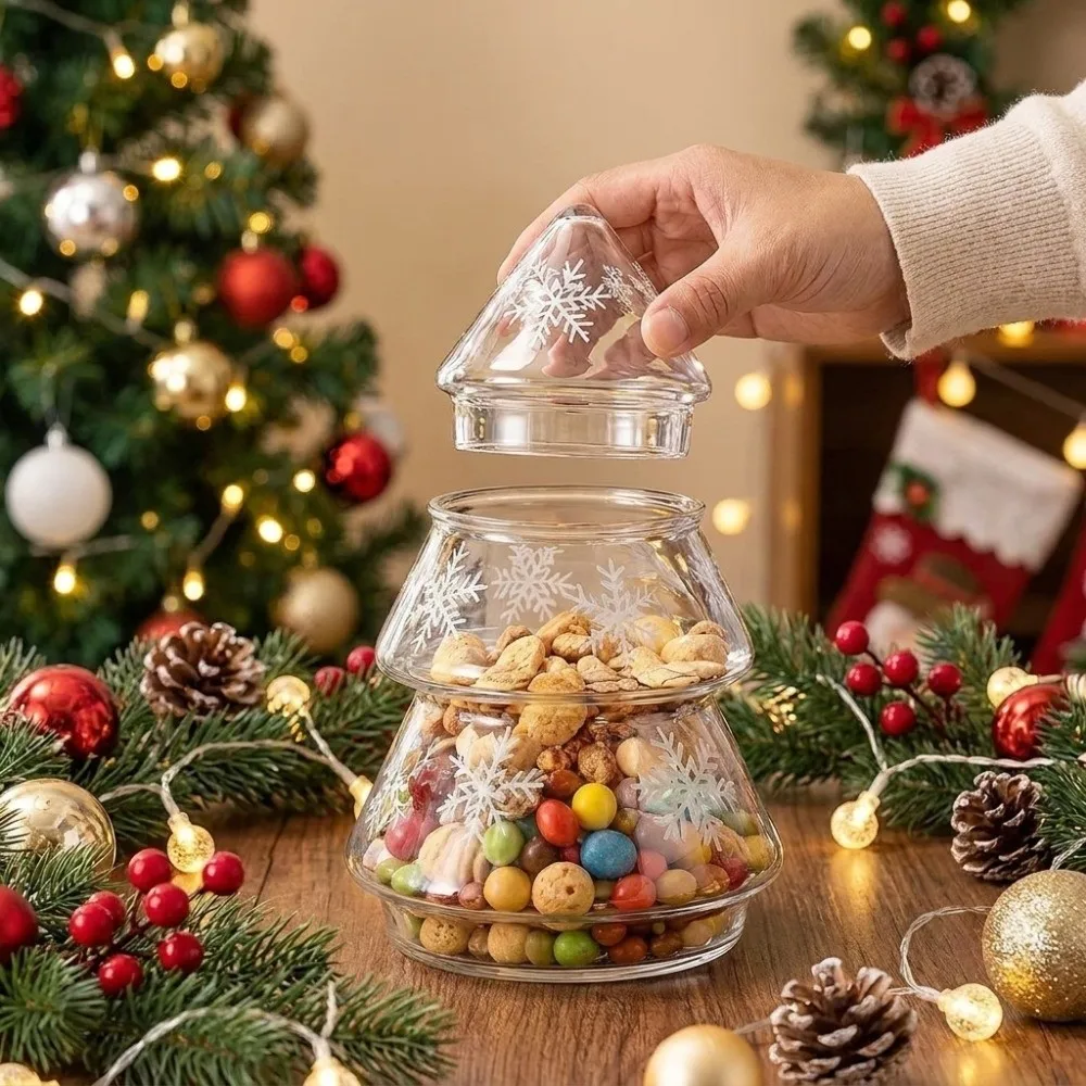 Snowflake Pattern Glass Christmas Tree Jar Large Capacity Transparent Cookie Jar Stylish With Lid Christmas Food Container
