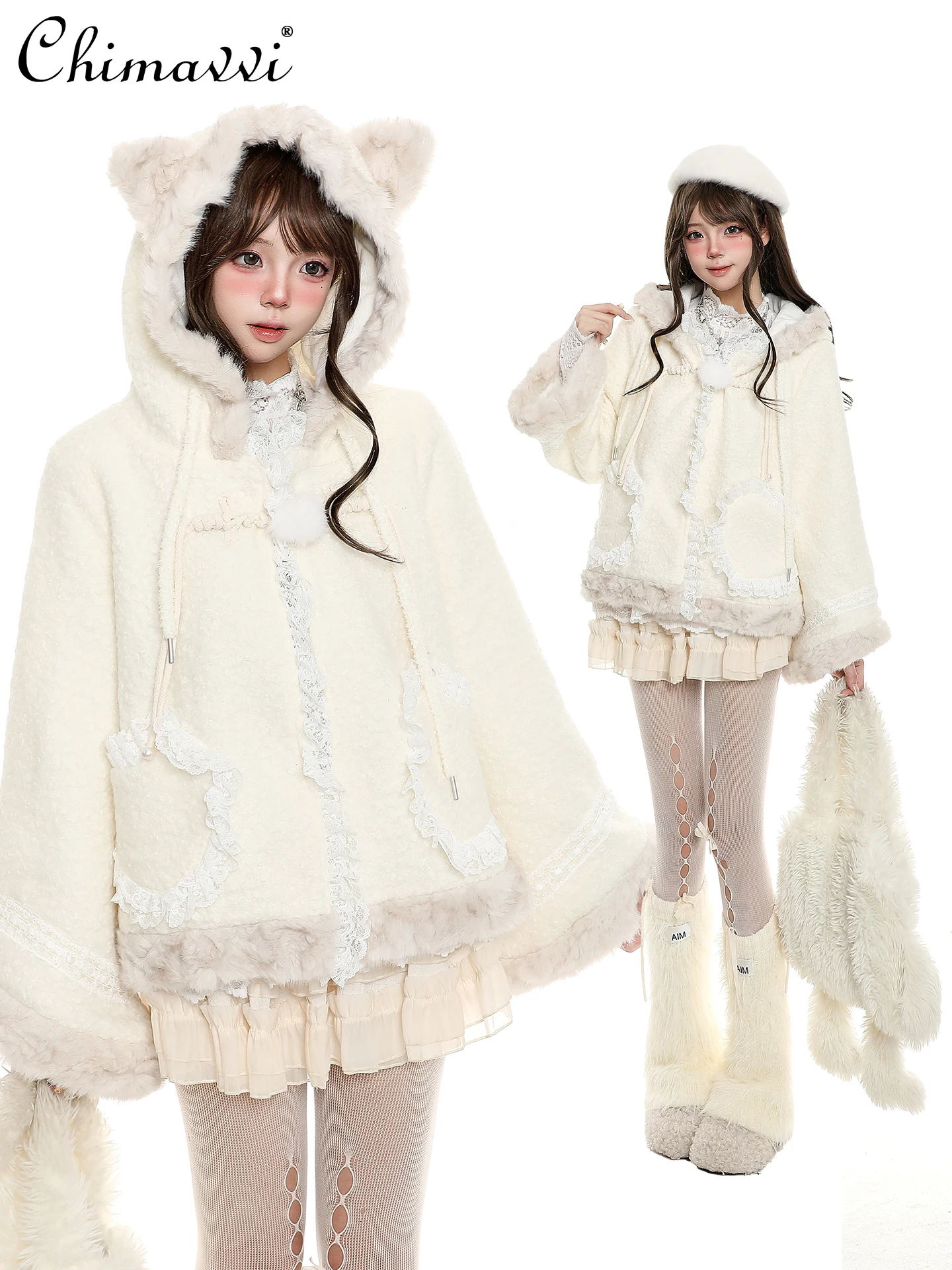 

Милая милая женская куртка с капюшоном и кошачьими ушками, зимняя одежда 2024, новая мода, свободное повседневное утолщенное теплое пальто из овечьей шерсти