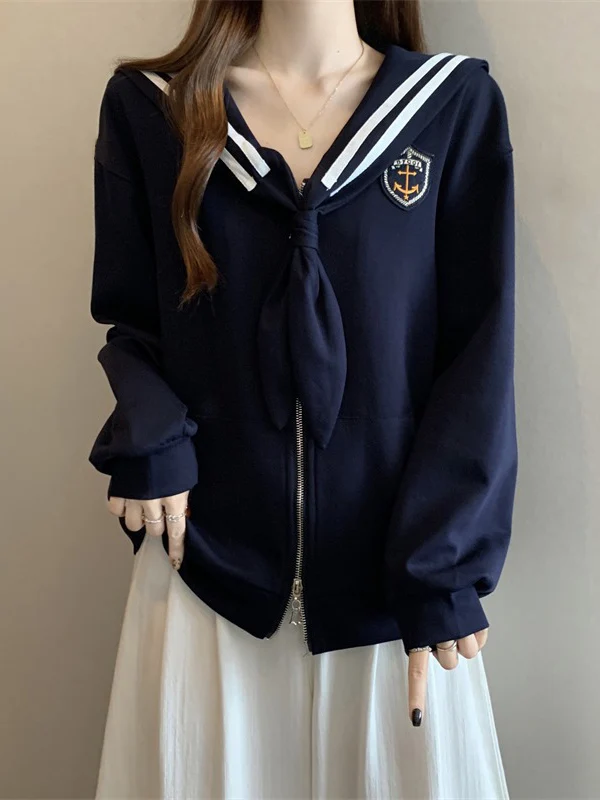 Navy Hoodie Sweatshirt Shoulder Length Medium Long Women's plus Size Comfortable Loose Fit Korean Style Commute Wind