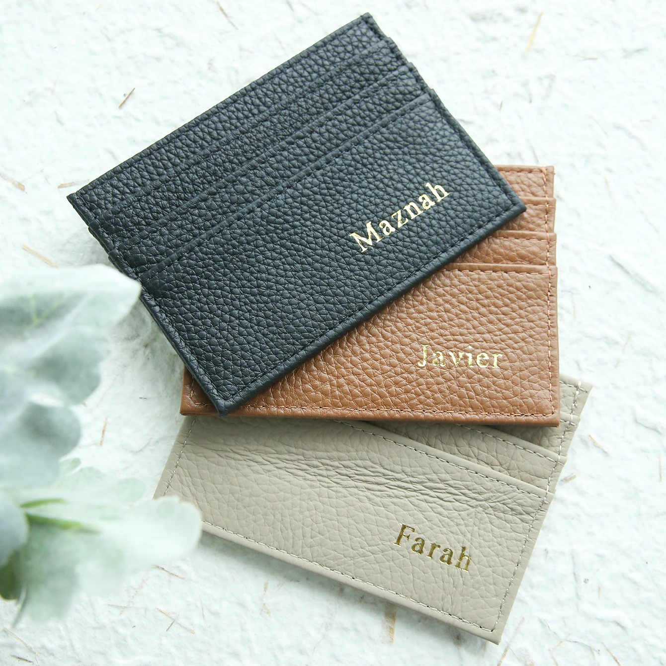 Minimalist Pebbled Grain PU Leather Multi-Slot Card Case With Gold Foil Name Slim Portable ID Credit Business Card Organizer