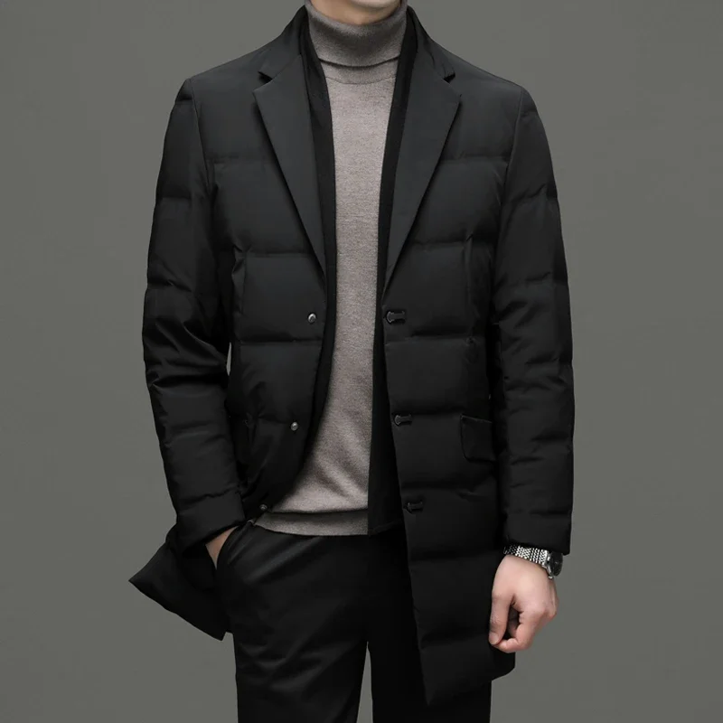 New Men's Warm White Down Jacket Long Scarf Collar   High-grade Korean Version of The British Style Host Casual Blazer