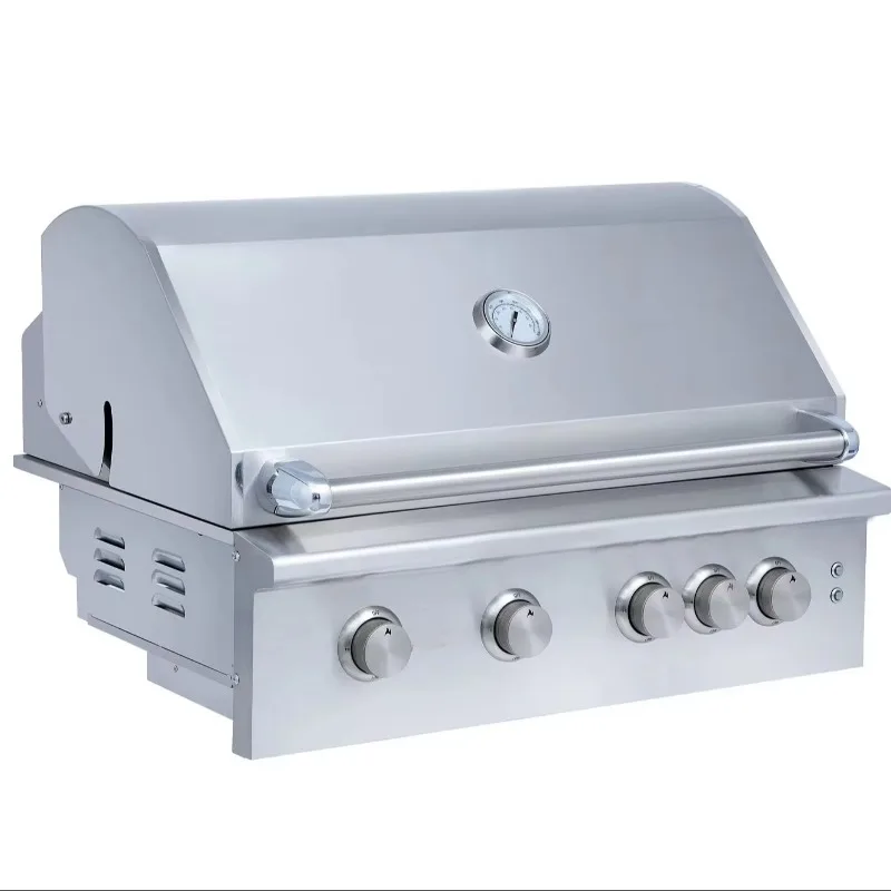 4-Burner Stainless Steel Tabletop Outdoor Kitchen BBQ Grill Built-In  LPG Compatible Rotisserie Rear Burner 32'' for Home Use