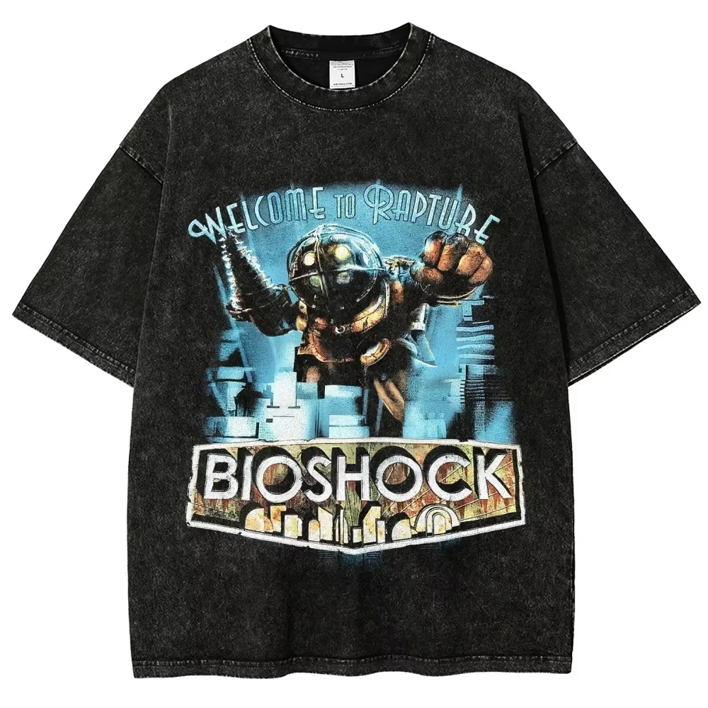 Klassisches Retro-Shooter-Spiel Bioshock Grafik-Print T-Shirt für Männer und Frauen Neues Harajuku Übergroßes Unisex-Paar-T-Shirt im Used-Look – Detail 5