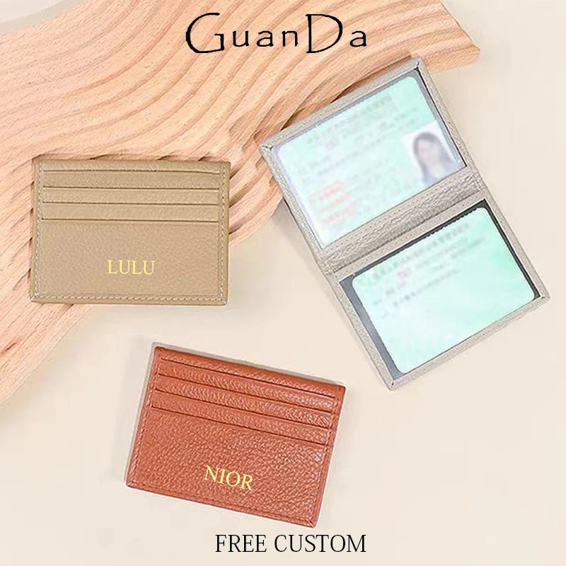 Custom Initial Folding Card Holder Luxury Genuine Leather Slim Credit Card Wallet Engraving Business Luxury ID Card Bag DIY Gift