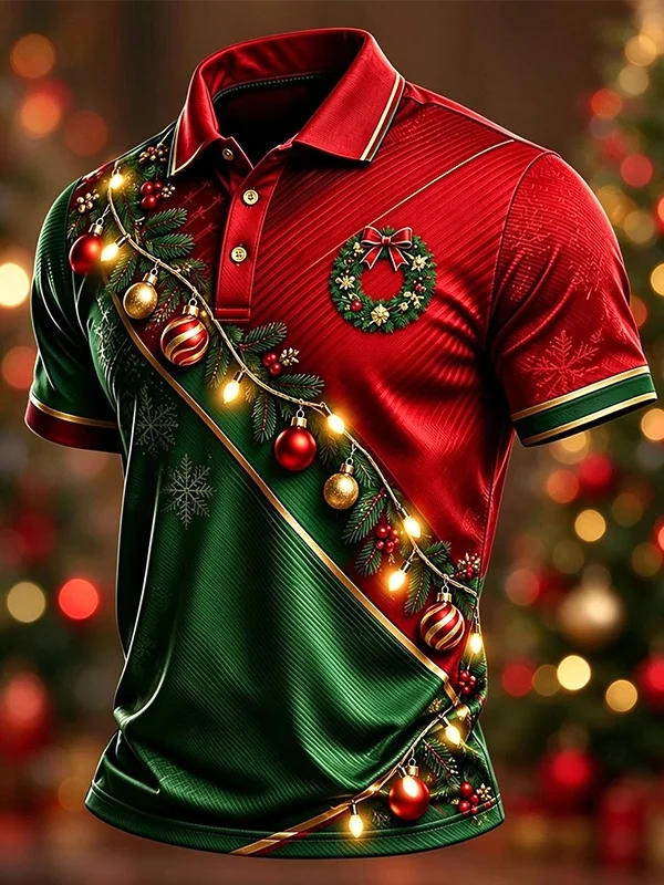 Men's 3D Christmas Polo Shirt Santa Claus Chimney Print Snowman Gift Box Snowflake Burgundy Red Short Sleeve Cheap Clothes