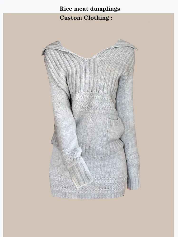 

Autumn Winter Women's Knitted Sweater Skirt Set High Collar Twisted Flower Pocket Half Skirt Long Sleeve Loose Fit Simple Style