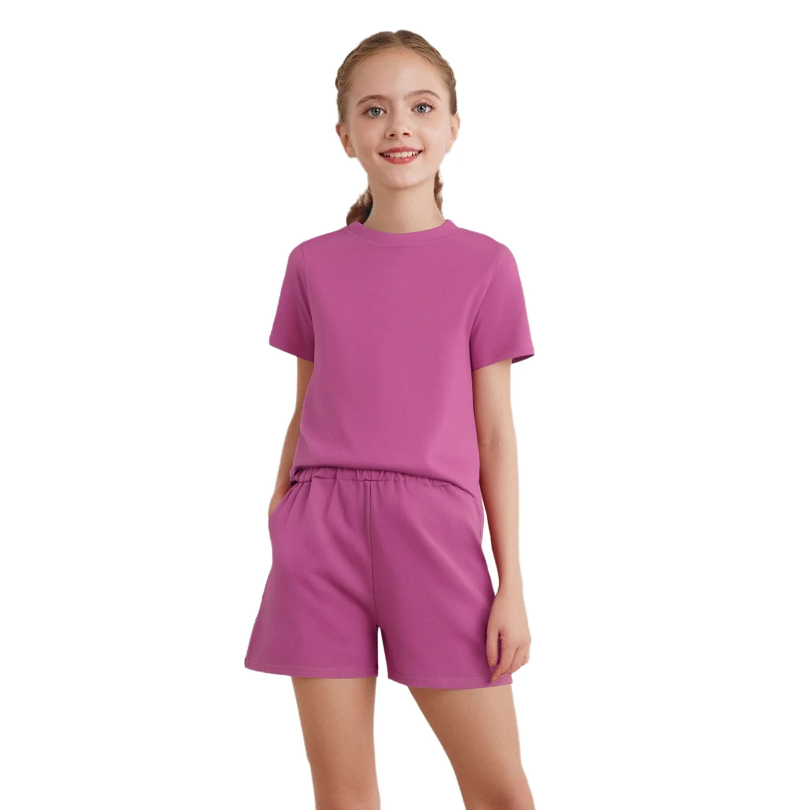 

Kids Girls 2-Piece Casual Outfit Cotton Summer Homewear Pajamas Round Neck Short Sleeve T-shirt+Shorts with Pockets for Sports