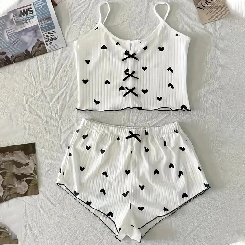 

Женская пижама на подтяжках с принтом в форме сердца, комплект из двух предметов, летняя удобная домашняя одежда, сексуальный комплект повседневной одежды