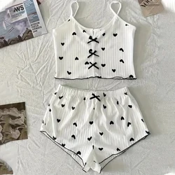 Women's Suspender Pajamas with Heart-Shaped Print Two-Piece Set Summer Comfortable Home Wear Sexy Casual Wear Set