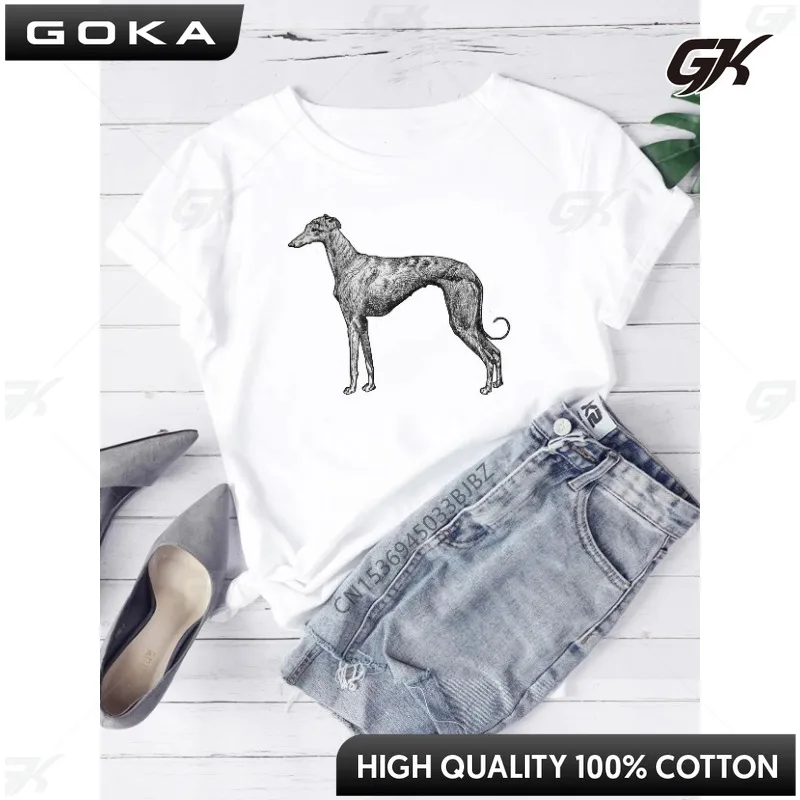 Greyhound Dog  Women Funny Print Ladies T-shirt Girl Y2K Basis O-collar White Shirt Short