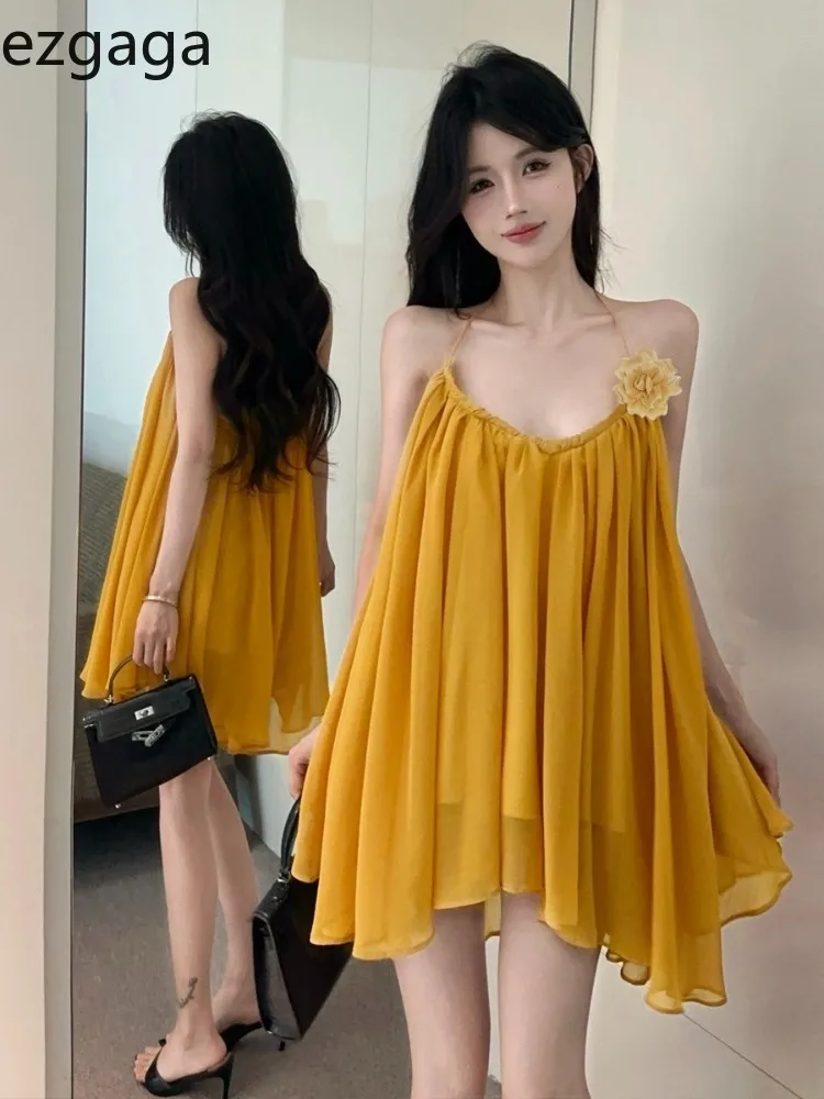 

Ezgaga Tank Tops Women Flowers Slash Neck Holiday Sweet Fashion Bandage Backless Elegant Camis Female Casual French Style