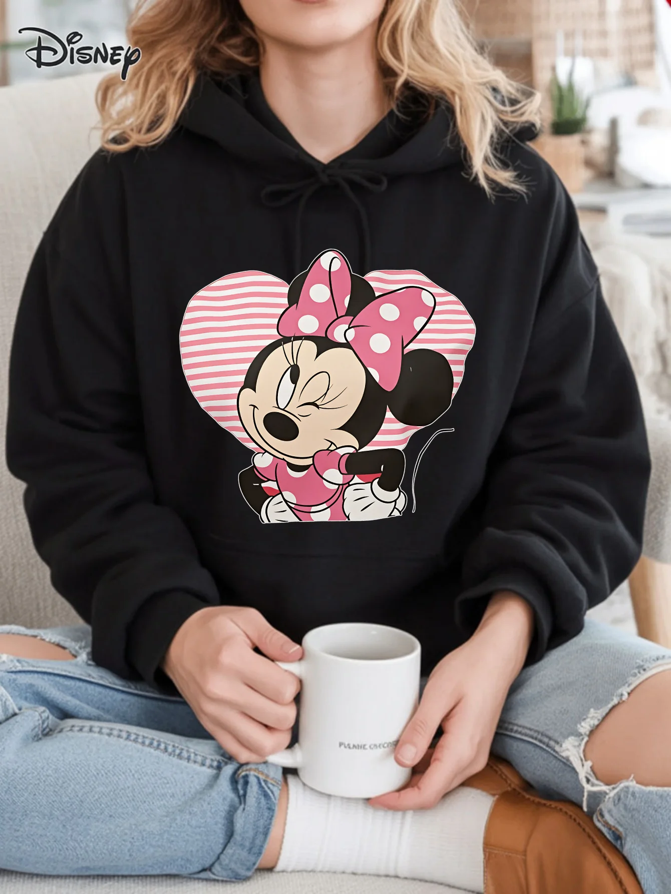 Sweat à capuche pour femme imprimé cœur Disney Minnie Mouse – Polyester confortable et respirant, coupe ample, manches longues, idéal pour un vêtement décontracté