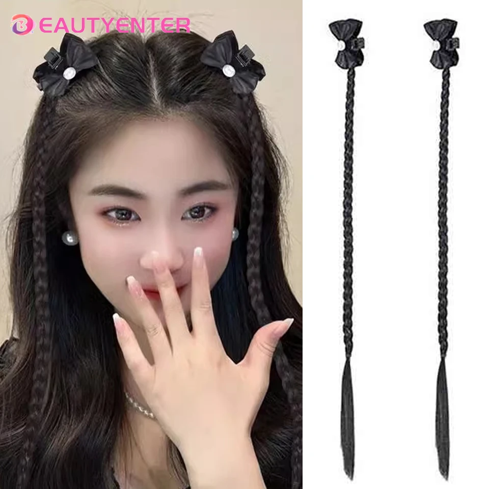 BeautyEnter Synthetic Wig Pearl Bow Princess Hair Clip Wig Twist Braid Clip Female Forehead Bangs Clip Semi-tied Headdress