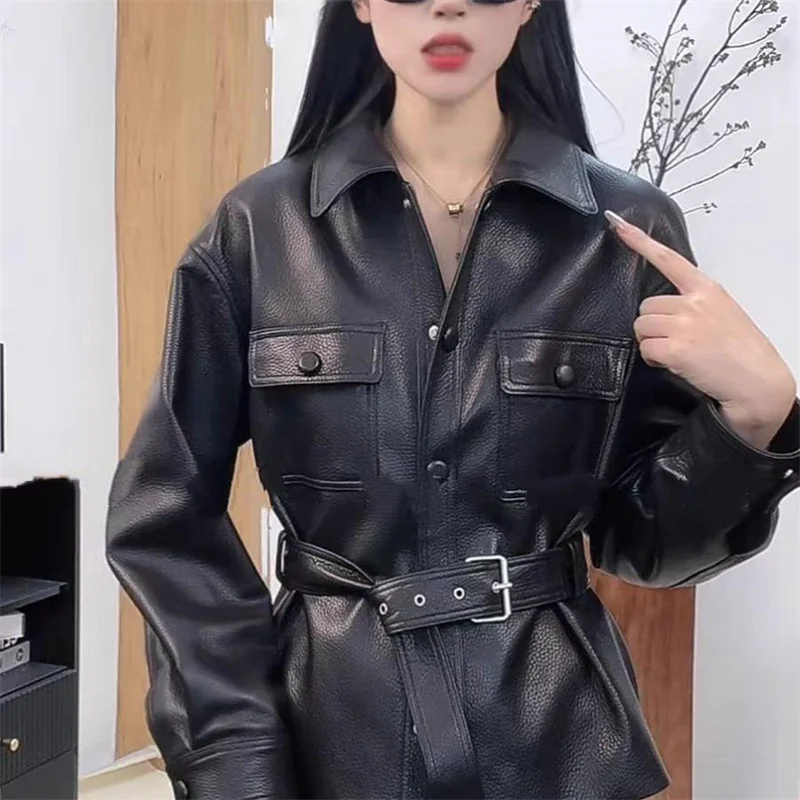Giacca in pelle Giacche da donna Primavera e autunno Moda Risvolto Cintura monopetto Moda Breve Bellissimo cappotto in pelle Donna