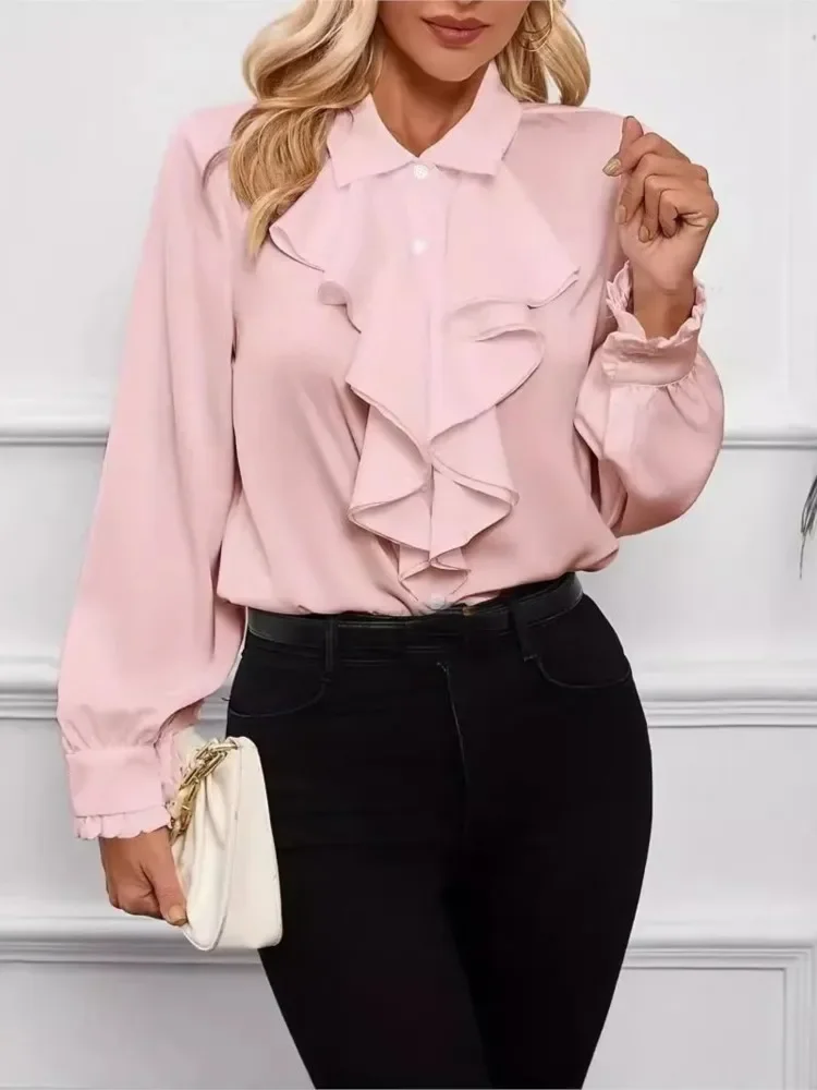 Spring Autumn Shirts Fashion White Ruffled Elegant Blouse Tops Women New Long Sleeve Lapel Woman Shirt Solid Office Ladies Tops