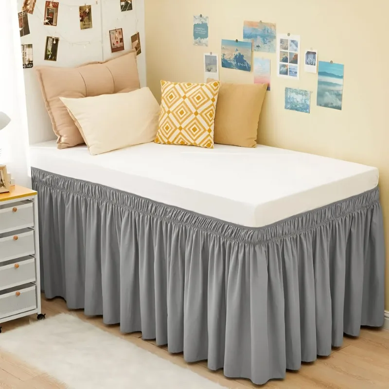 Wrap Around Pretty Ruffles Extra Long College Hostel Dorm Room Bed Skirt Valance with Three Sides Fabric for Twin/Single Bed