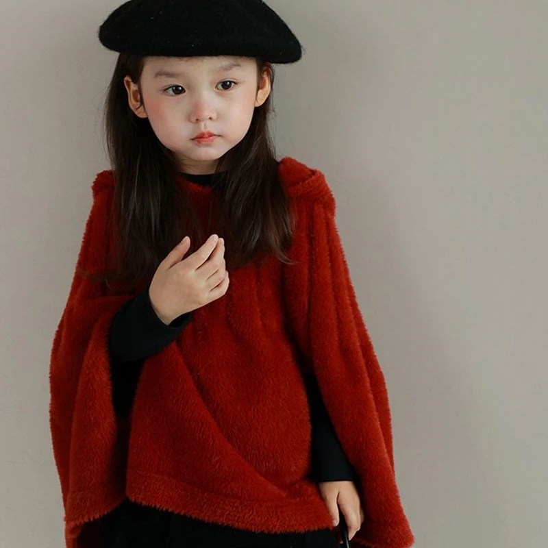 Girls Woolen Coat Jacket Cotton Cloak Windbreak 2023 Hooded Warm Plus Thicken Velvet Winter Autumn Party Children\'s Clothing