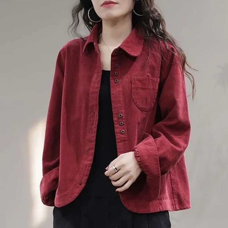 2024 Women Lapel Collar Corduroy Shirt Coat Spring And Autumn Female Long Sleeved Cardigan Blouse Jacket Korean Ladies Blaus Top