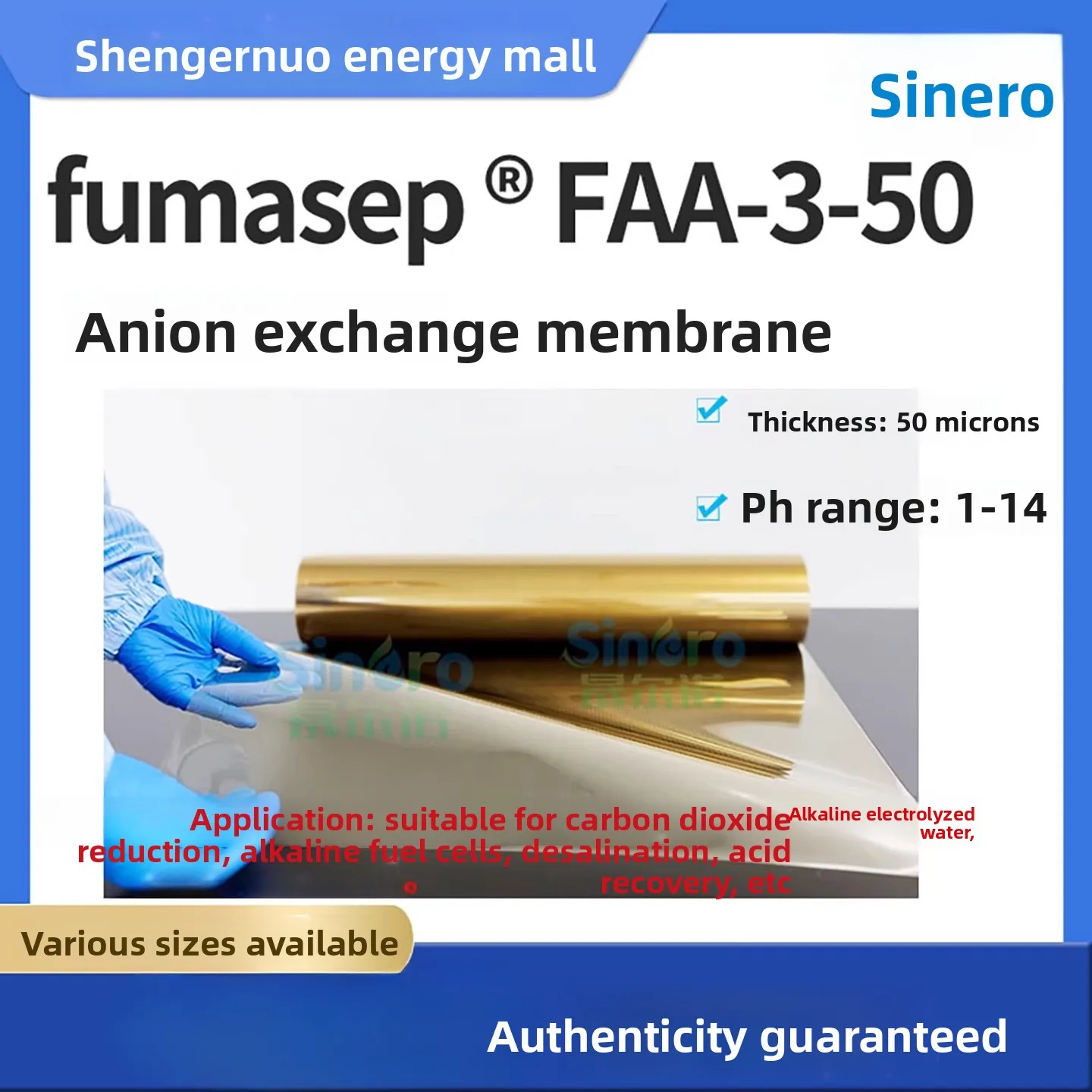 Fumasep FAA-3-50 Anion Exchange Membrane for Alkaline Fuel Cells CO2 Reduction
