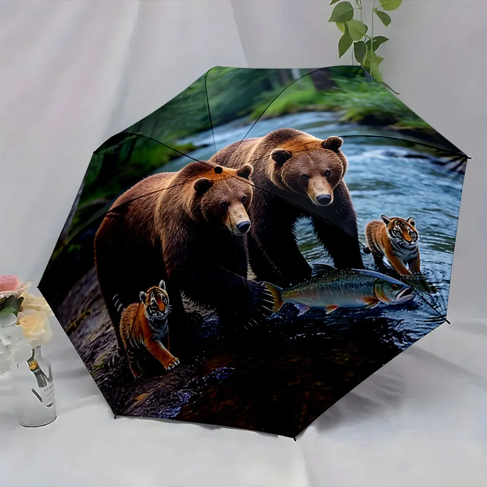 1PC Forest Bears and Tigers Design Umbrella Print 8 Iron Ribs Folding Umbrella Auto-Open Fashion Sunshade