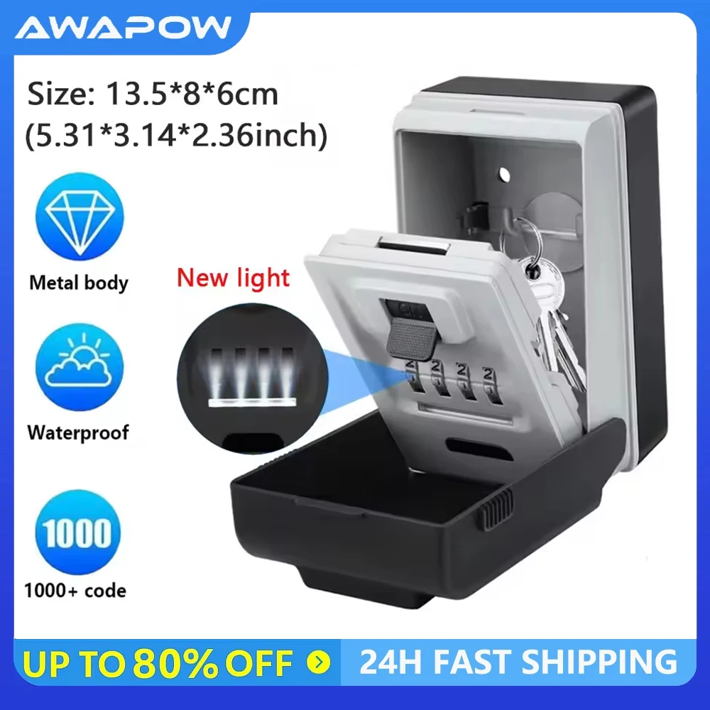 Awapow Metal Password Key Box Anti Theft Safe Lock Wall Mounted Large Capacity 4 Digits Storage Keybox With Light Waterproof