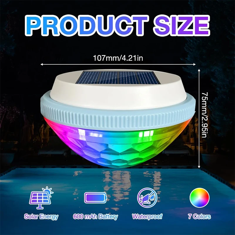 Solar RGB Floating Pool Light, IPX6 Waterproof Remote Control Color Changing Underwater Lamp for Pond Pool Yard Garden
