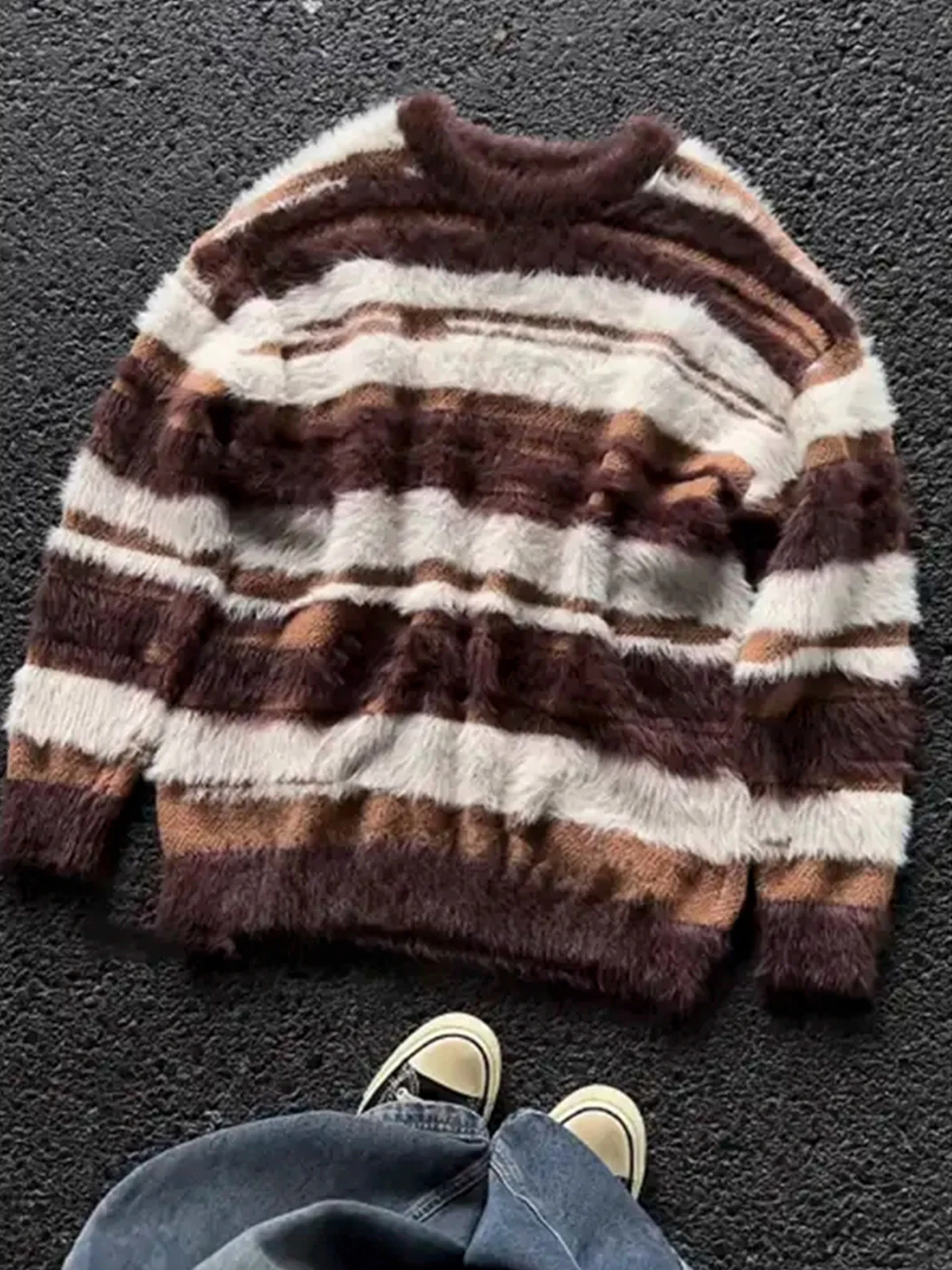 

Thiened Soft Mouton Stripe Knitted Sweater Men's Autumn Winter Korean Sle Lazy Warm Nylon Fiber Long Sve round Ne Sw...