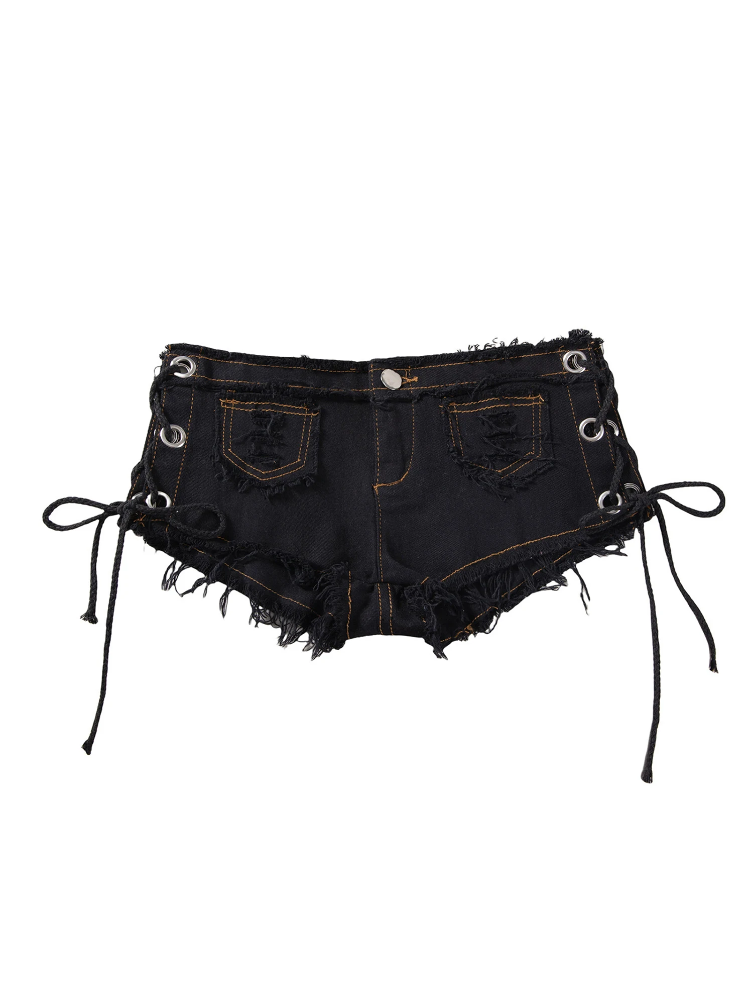 

Mens Low Rise Extra Short Hot Pants Raw Edge Ripped Denim Shorts Jeans Shorts with Sides Lace-up Booty for Music Carnival Stage