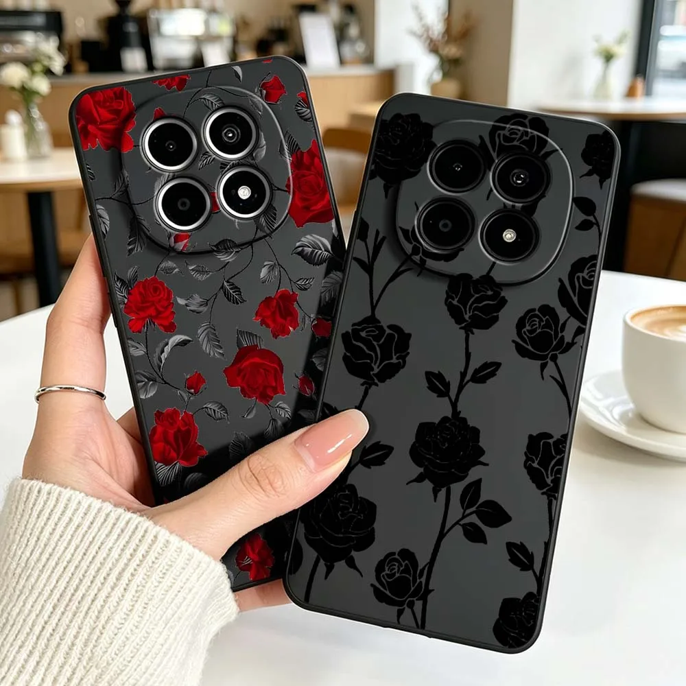 

Red Rose Black Leaf Pattern For Xiaomi Mi Poco X8 X7 X6 X5 X4 X3 M8 M7 M6 M5 F8 F7 F5 Pro 4G 5G Black Soft Cover Phone Case