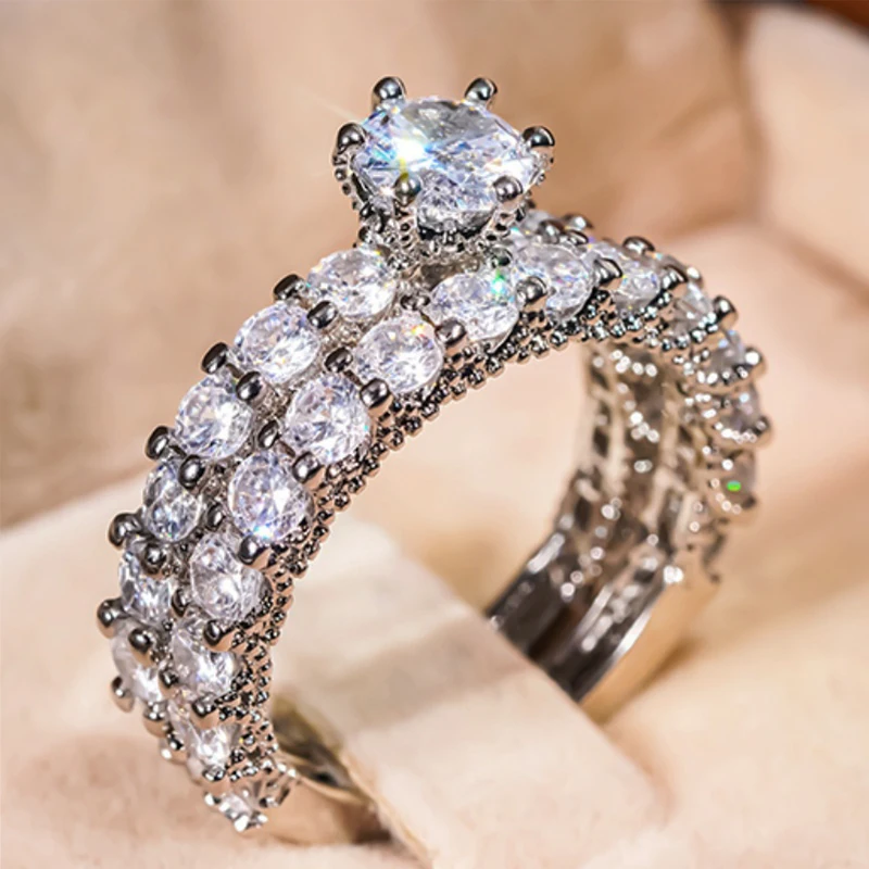 Huitan Luxury 2Pc/Set Rings for Women Trendy Brilliant Delicate Finger Accessories Aesthetic Attractive Chic Wedding Jewelry Set