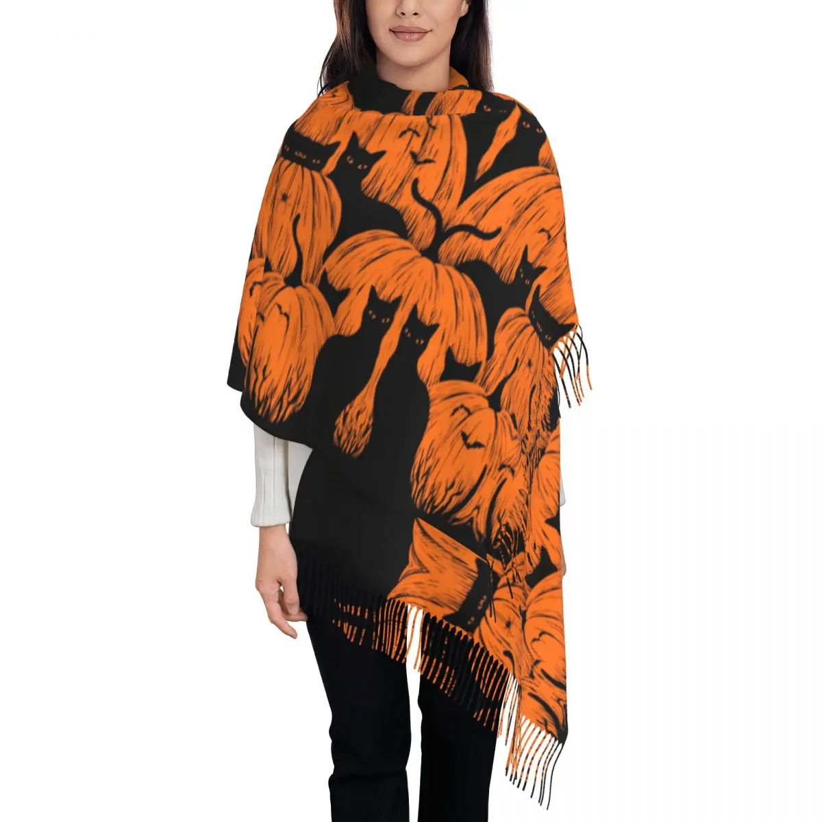 Women Scarf Keep Warm Pumpkin Cat Head Scarves with Tassel Spooky Halloween Botany Fashion Shawls and Wraps Winter Bandana