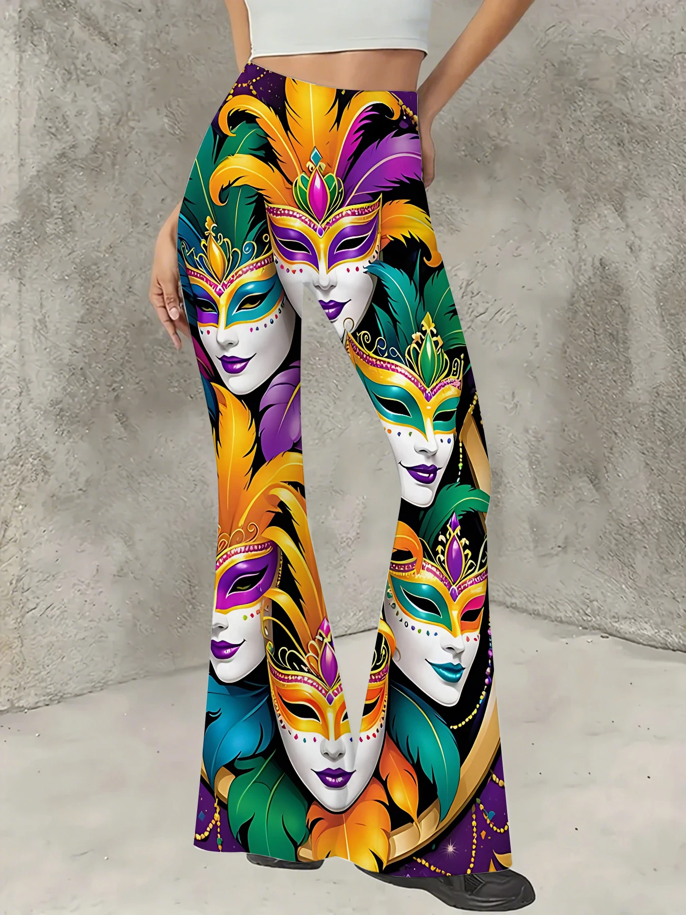 

Plus Size All-Over Print Flare Pants Women Stretchy High Waist Bell Bottom