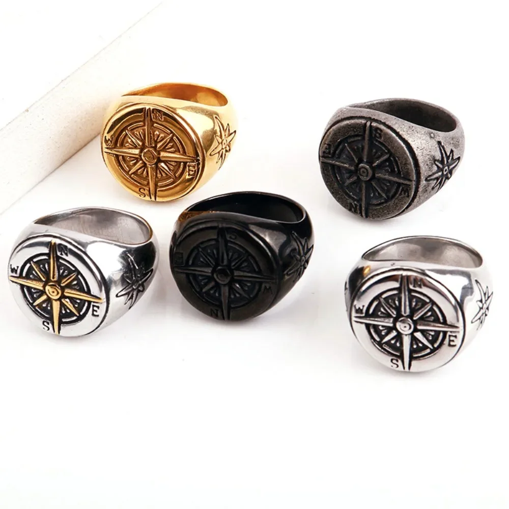 

CHUANGCHENG Style Vintage Men's Round Compass Stainless Steel Rings Size 7-13