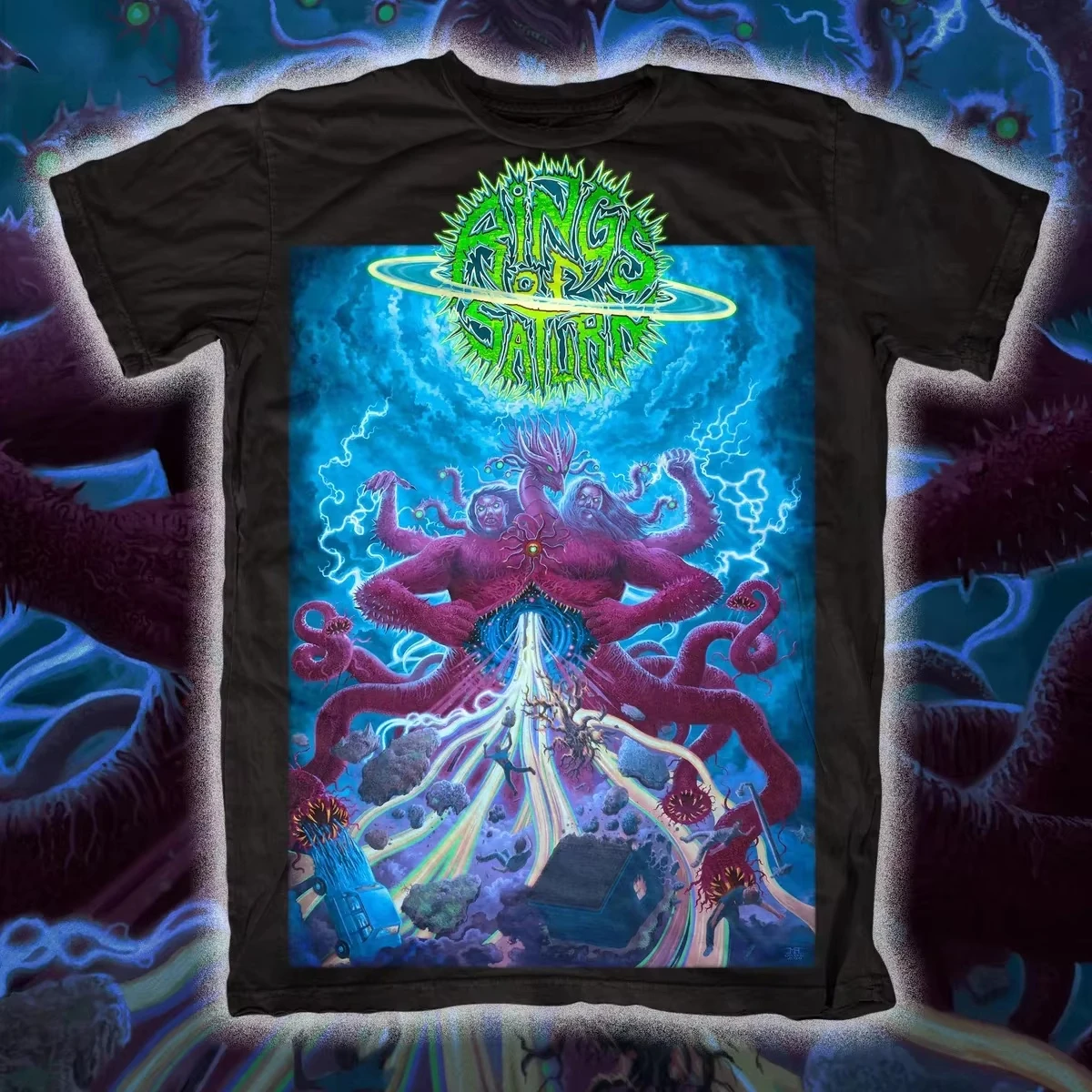 Rings of Saturn Bizarre Alien Planet Dark Death‑Metal Theme Print T‑Shirt, Equipped with Eye‑catching Full‑print Surreal
