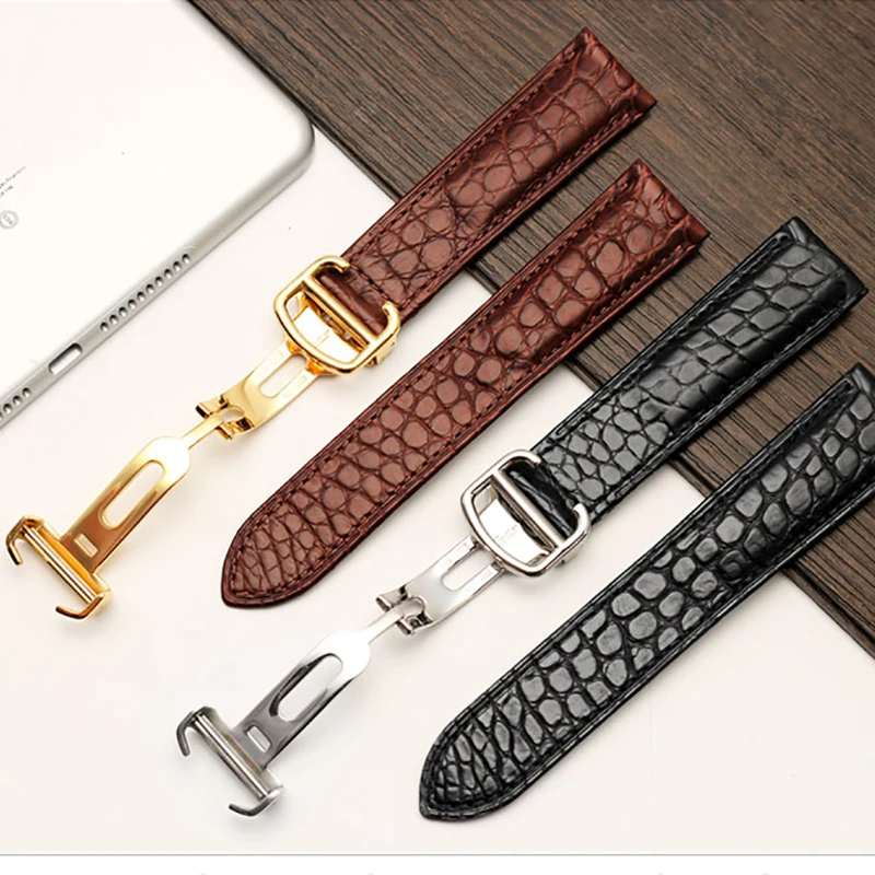 Alligator Leather Watch Band For Car-tier TANk SOLO RONDE DE Crocodile Skin Watchband Folding Buckle Strap Accessories Bracelet