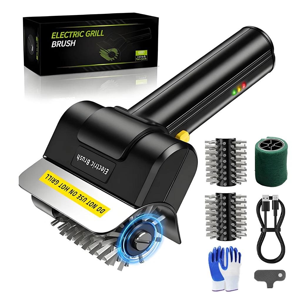 Escova de Limpeza Elétrica Portátil para Churrasqueira em Aço Inoxidável, Escova de Limpeza Sem Fio Recarregável de 2000mAh para Cozinha ao Ar Livre