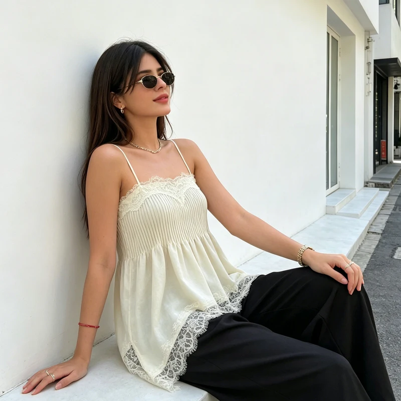 MUJER Pleated Lace Camisole Tops For Women Summer 2026 Sexy Backless Top With Straps Women's Street Style Going Out Slip Top