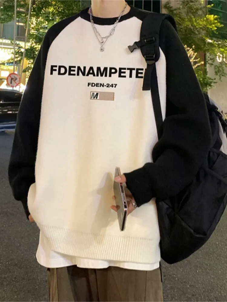 

American Retro Color Blo round Ne Knitwear Men's Comfortable Warm Base irt Casual Loose Fit Spring Autumn Youthwear