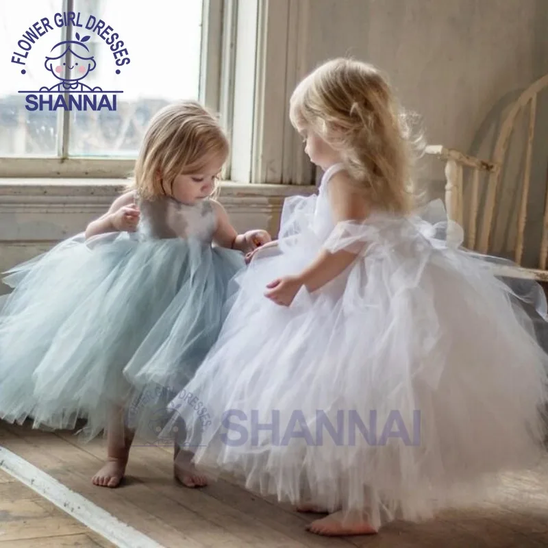 White Fluffy Baby Girl Dress Simple Children Kids Wedding Bridesmaid Birthday Party First Communion Flower Girl Dress