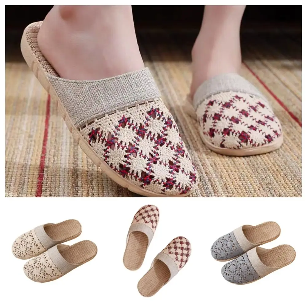 Cozy Hollow Out Flax Slippers Women Flowers Non-Slip Closed Toe Linen Slippers Soft Sole Shoes Flat Slippers Home