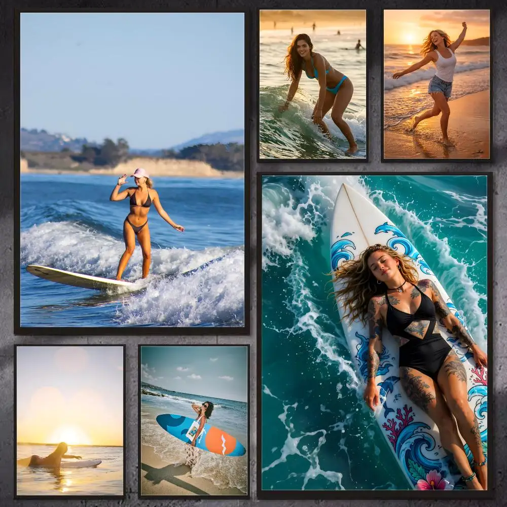 Summer Sunshine Beach Woman Surf Canvas Wall Art Print, Coastal Ocean Aesthetic Home Decor for Bedroom Living Room