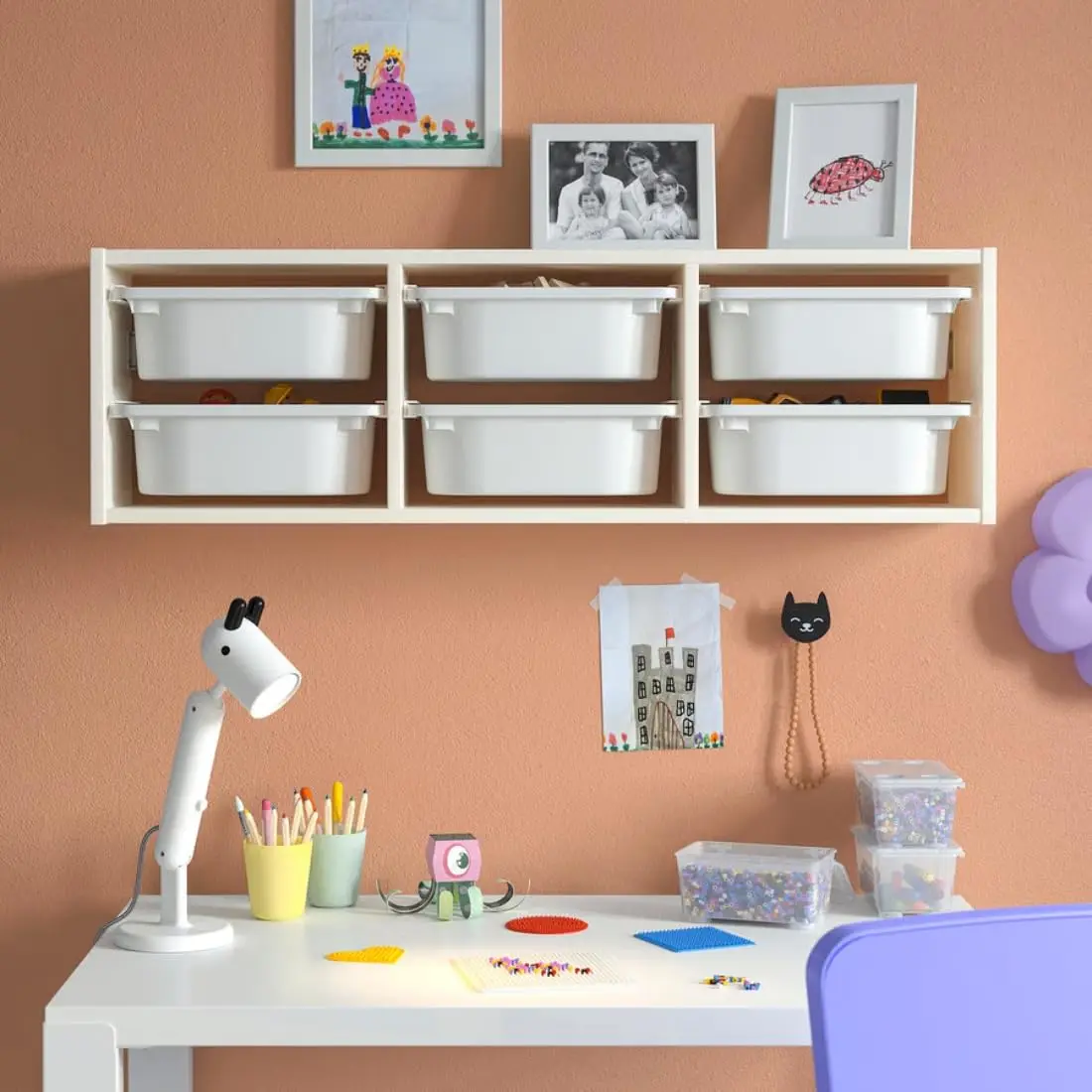Wall Storage Organizer with 6 Storage Boxes, White Plastic Toy Shelf Unit for Kids Room Playroom, 99x21x30cm, Customized