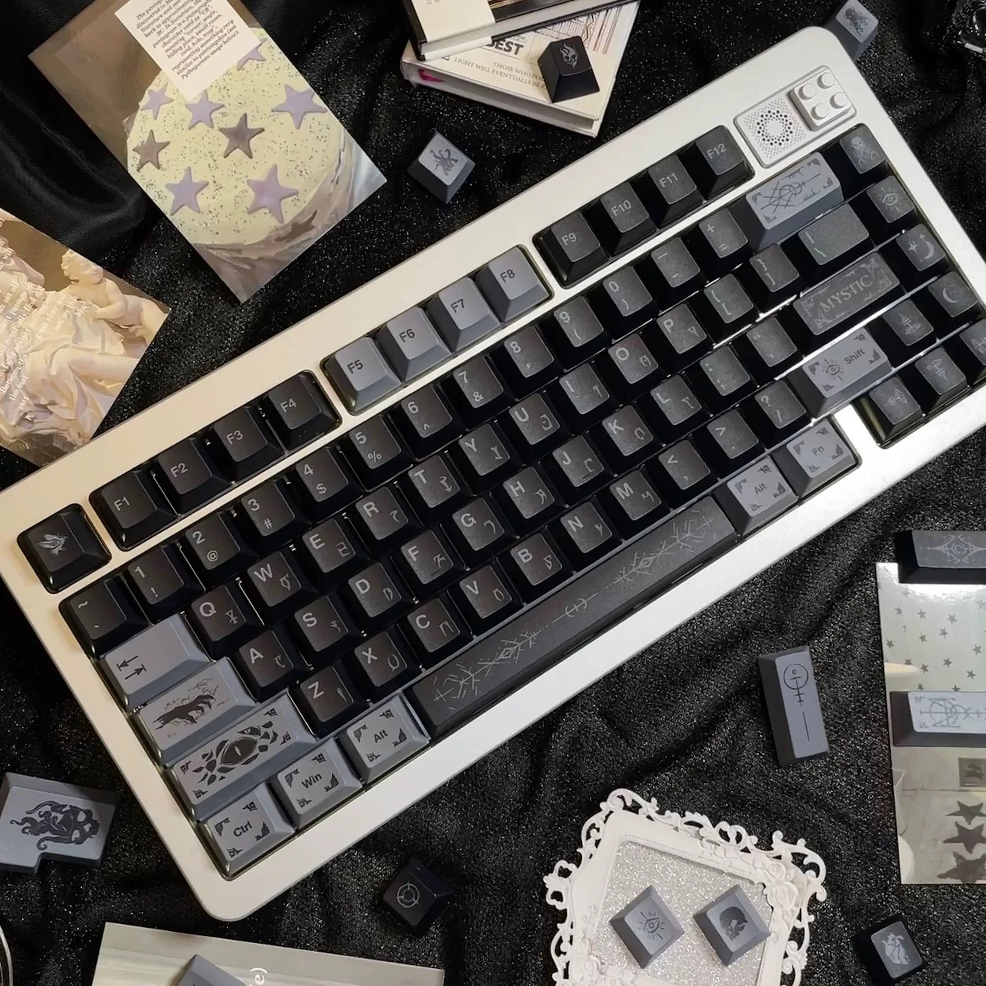 143 Keys Occult Theme White BlackPBT Cherry Profile Five-sided Dye Sub Keycaps for 61/75/87/98/104/108 MX Mechanical Keyboard