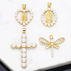 OCESRIO White Pearl Cross Necklace Pendant Copper Gold Plated heart Virgin Mary Dragonfly Amulet Jewelry Making Supplies pdtb071