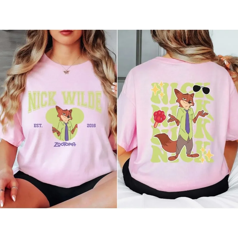 تي شيرت ديزني وورلد زوتوبيا نيك وايلد للفصول الأربعة بنمط جديد للجنسين كاجوال من القطن الخالص #3