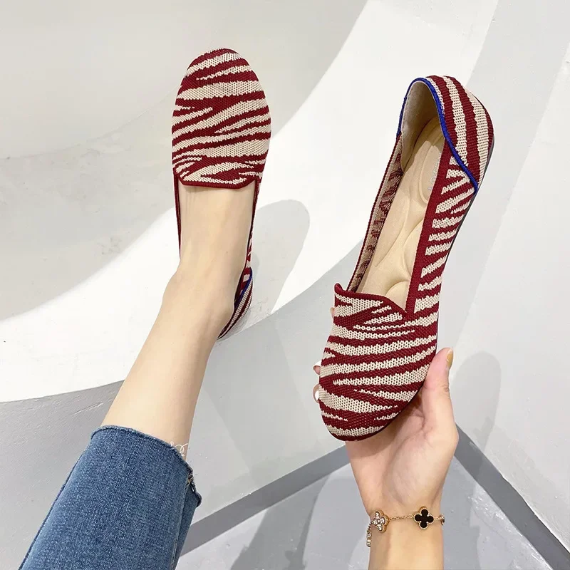 أحذية الباليه الموضة 2025 الربيع والخريف جديد محبوك الفم الضحلة شقة جولة تو أحذية نسائية عادية كبيرة #2
