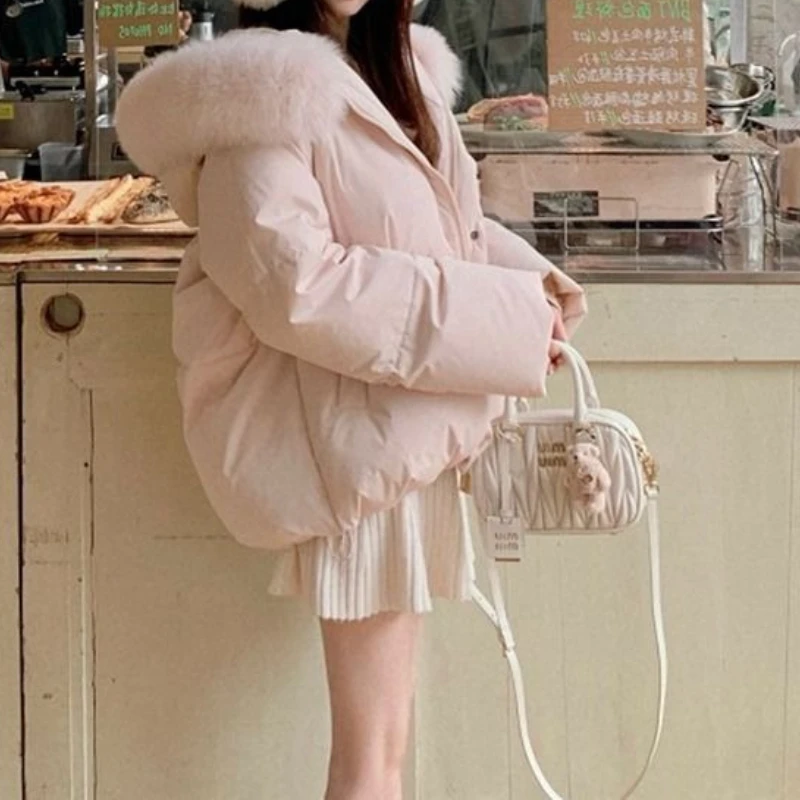 

Pink Fur-Collared Short Down Cotton Jacket 2025 New Winter Thick Sweet and Warm Coat