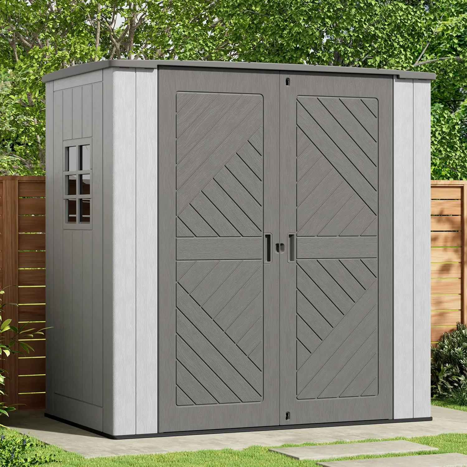 Vertical Storage Shed Resin Garden Tool Shed with Floor for Lawn Mower Bike Trash Cans Pool Supplies Lockable, Customized