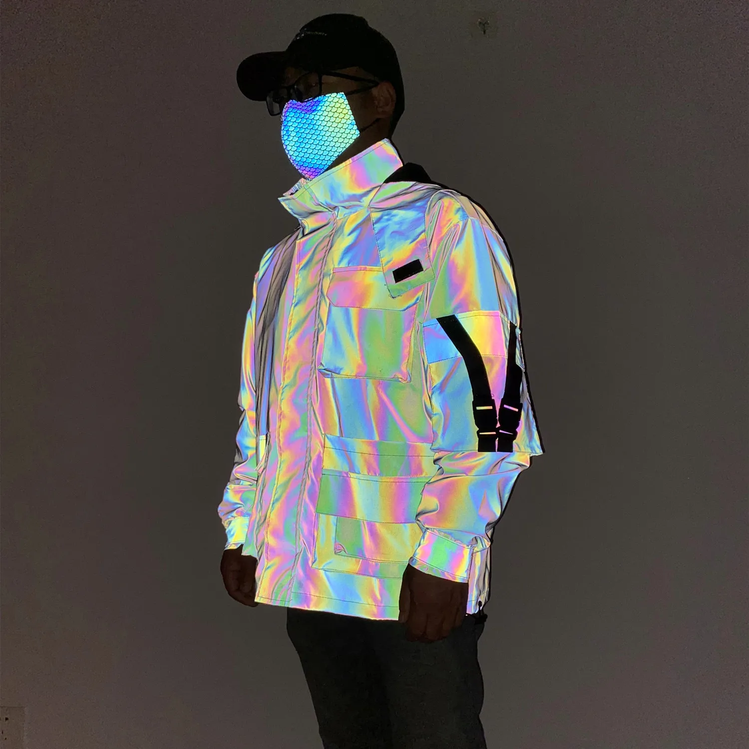 Multi-pocket Functional Windbreaker Man Nightclub Reflective Coat Hip Hop Cargo Jacket Hooded Fishing Jogger Outfit Dance Wear